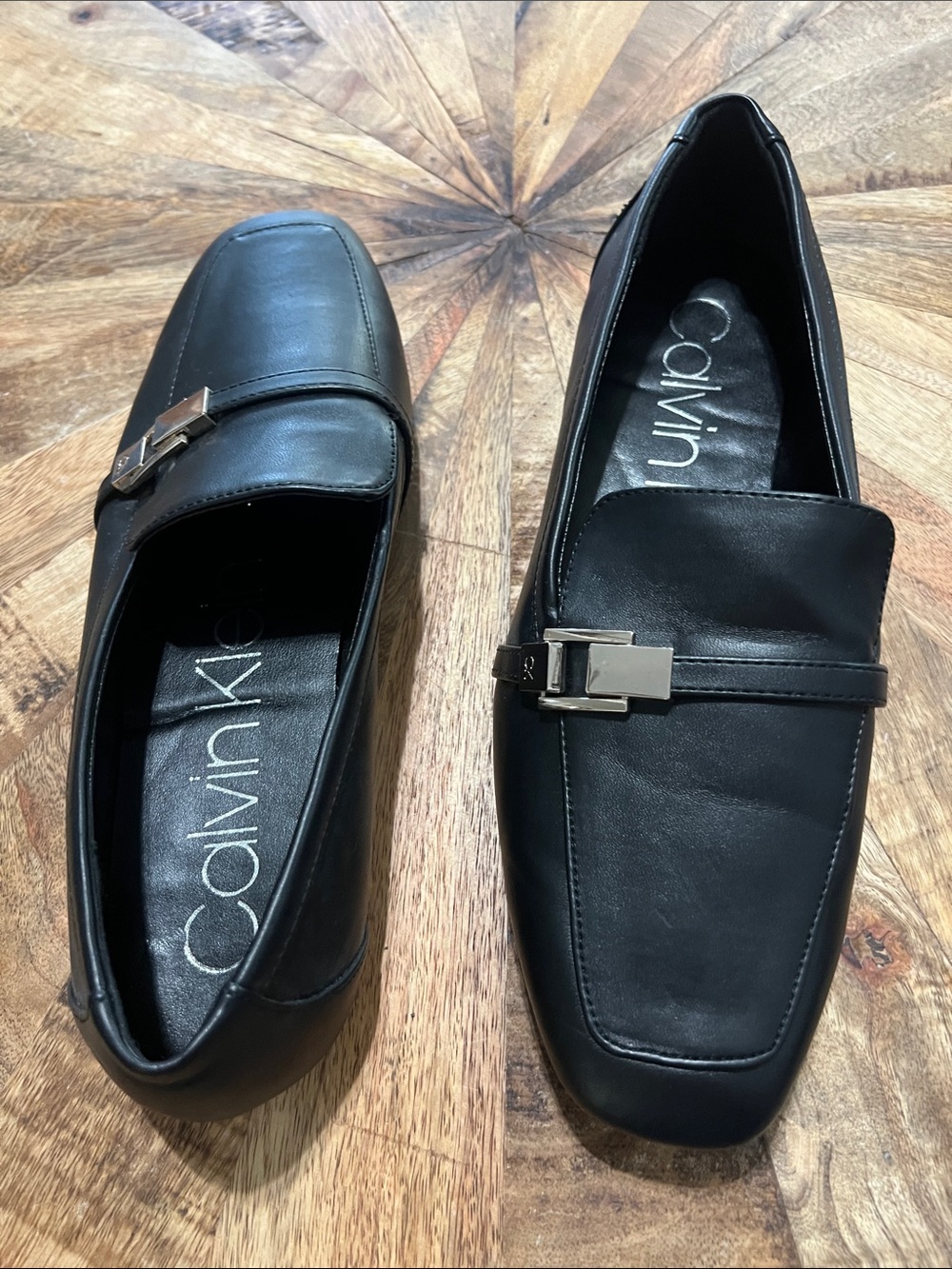 Calvin Klein Black Leather Slip-On Loafers with Metal Buckle